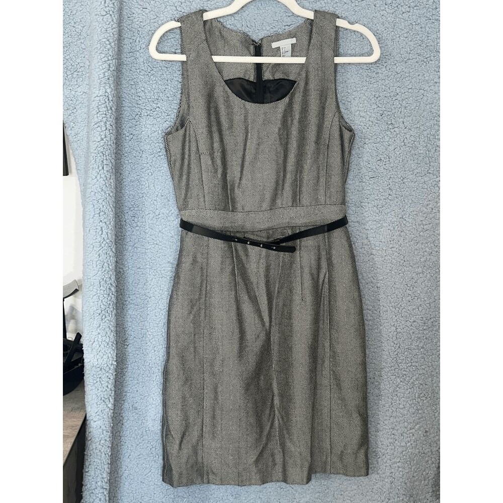 H&M Brown & Black Pencil Zip Up Womens Sleeveless Belted Dress Sz 8
